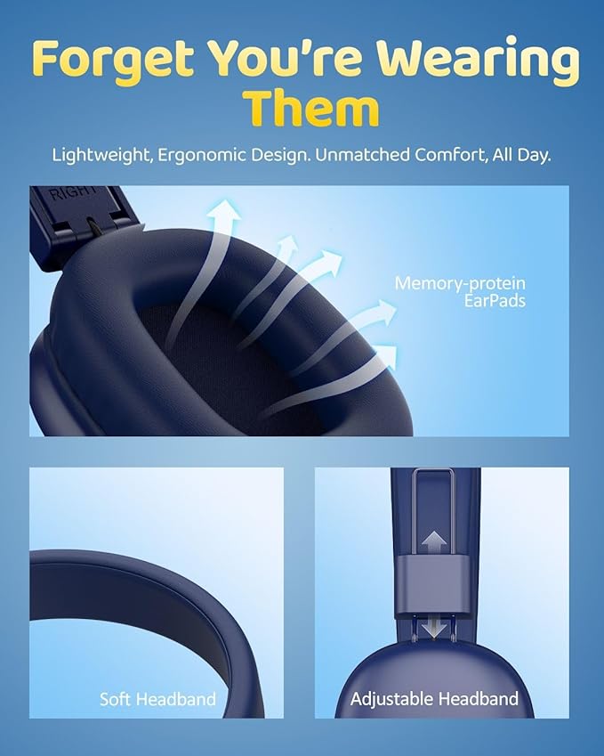 Kids Bluetooth Headphones, Over-Ear Wireless Headphones with Microphone, Safe-Volume 85dBA, Bluetooth 5.4, Foldable Lightweight and Comfortable, 50H Playtime, USB-C Charging, Blue