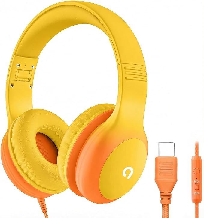 Wired Kids Headphones with USB C Plug, 85dB Safe Volume, Adjustable Headband, Tangle-Free Cord Headphones for School, Tablet, Travel (Yellow & Orange, with Microphone)