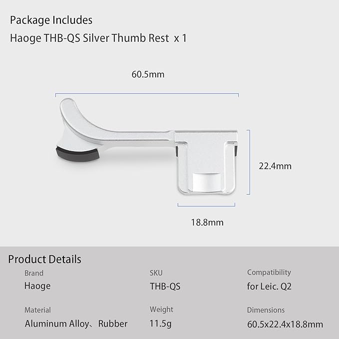 Haoge Metal Thumbs Up Hand Grip for Leica Q2 Camera THB-QS Silver Hot Shoe Thumb Up Rest