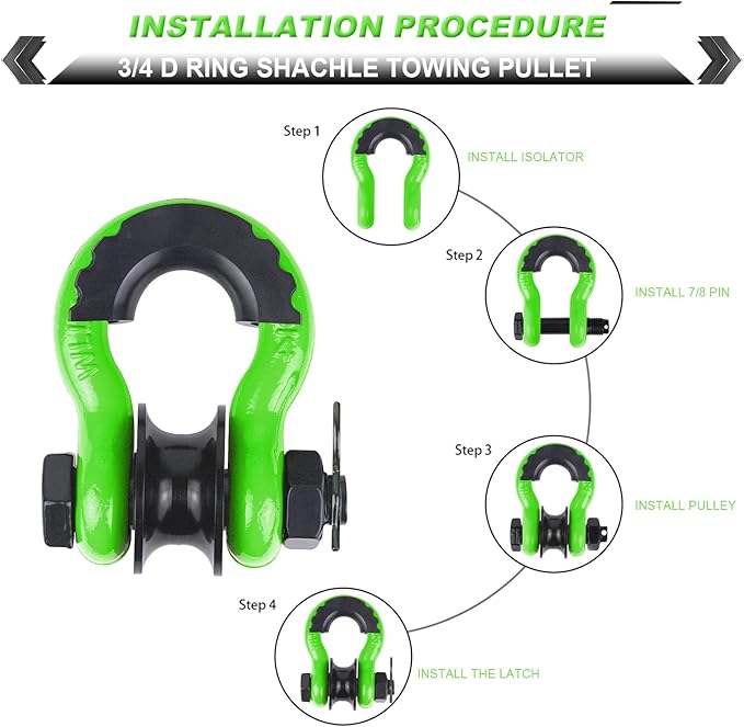 Upgraded Snatch Block, 3/4" D Ring Shackle (2 Pack) 22,000lb Break Strength with Towing Pulley, Heavy Duty Offroad Recovery Accessory for Truck, Tractor, ATV & UTV (Green)