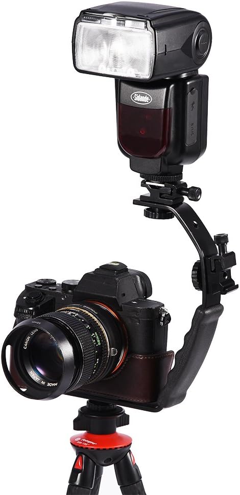 Camera L Bracket Mount Video Grip L Shaped Aluminum Alloy Heavy Duty Camera Bracket Holder with Dual Flash Cold Shoe Mount 1/4" Tripod Screw for DSLR Camcorder