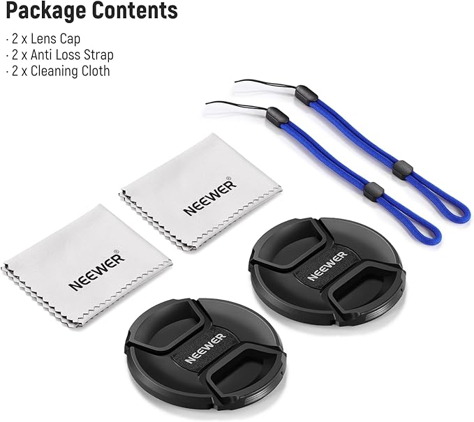 Neewer 77mm Lens Cap Kit (2 Pack), Lens Cover with Anti Loss Strap and Cleaning Cloth, Compatible with Canon Nikon Sony Fujifilm Panasonic Camera Lens of 77mm Diameter