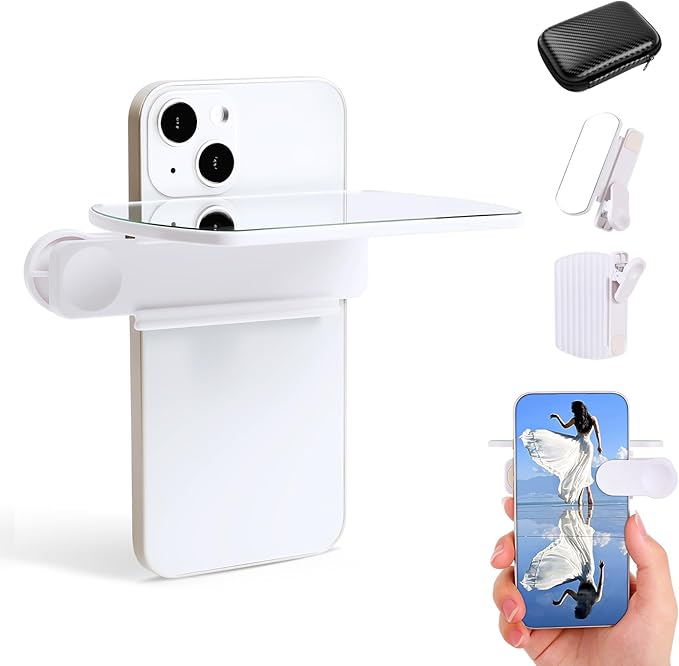 Mirror Reflection Clip, Smartphone Camera Mirror Reflection Clip Kit, Smartphone Selfie Reflector - Adjustable HD Glass Reflection Mirror, Travel Size for Creative Photography (White)