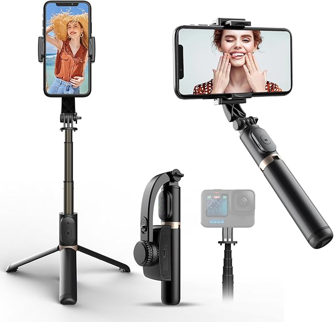 Selfie Stick Tripod with Gimbal Stabilizer for Phone, 360° Auto-Balance 1-Axis Rotation, Remote Control, Portable for Vlogging, TikTok, Group Selfies, Live Streaming