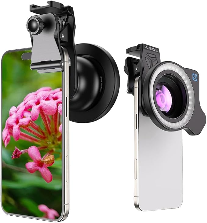 APEXEL 100Ultra Macro Lens + Fill Light- Enhanced Version Smartphone Lens for iPhone| Professional Macro Photography of Flowers, Iinsects, Jewelry, Food Details and Other Small Objects