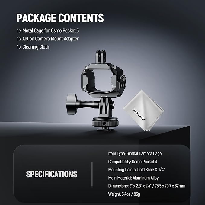 NEEWER Pocket 3 Cage Compatible with DJI Osmo Pocket 3 & Creator Combo Accessories, Gimbal Video Recording Extension Rig with Action Camera Adapter, 1/4" Threads, Cold Shoe, Cleaning Cloth, AC009