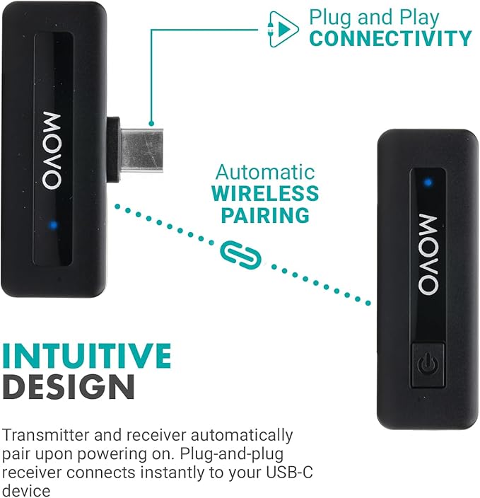 Movo Wireless Mini USB-C Wireless Microphone for iPhone 15/16/17 - Microphone Compatible with Pro Max - 10HR Battery Life, 164ft Range