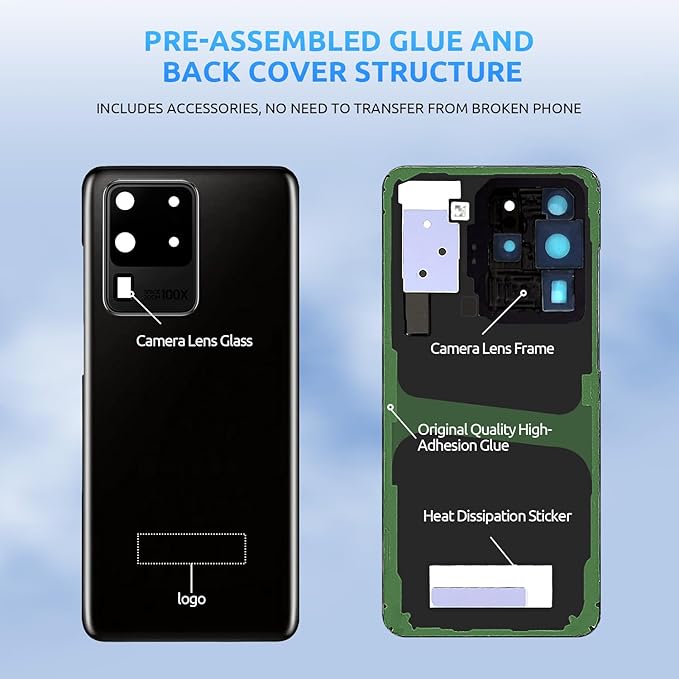 Back Glass Replacement for Samsung Galaxy S20 Ultra SM-G988 Back Cover Rear Housing with Camera Lens + Repair Tool Kit Genuine Rear Glass (Black)