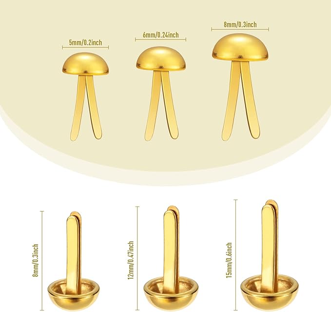 Hotop 500 Pcs Brads for Paper Crafts Metal Round Brass Paper Fasteners for Craft Art Crafting School DIY Supplies(0.3 x 0.6, 0.24 x 0.47, 0.2 x 0.3 Inch,Golden)