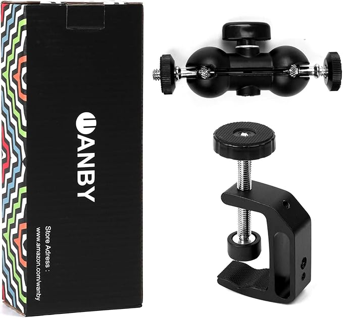 WANBY Camera Clamp Mount Double Ballhead Table Magic Arm Monitor Desk Mount Bracket with Super Clamp with 1/4" and 3/8" Thread for DSLR Camera Rig, LCD Monitor, LED Flash Lights