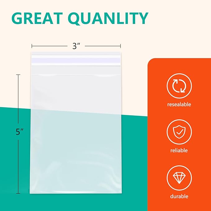 iMailer - 1000 Pcs - 3" x 5" Clear Small Cellophane Bags - Self Sealing Cello Plastic Bags for Bakery, Cookies, Photo, Jewelry, Party Favors