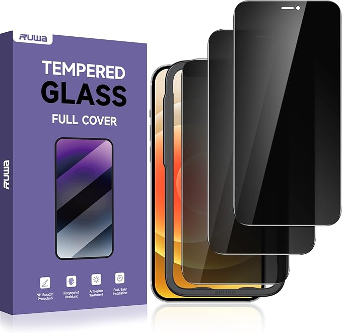 ruwa Privacy Screen Protector for iPhone 12 Pro Max [6.7 Inch][3-Pack] Anti-peep Tempered Glass Film with Easy Installation Alignment Frame, 9H Hardness, Scratch Resistant, Case Friendly