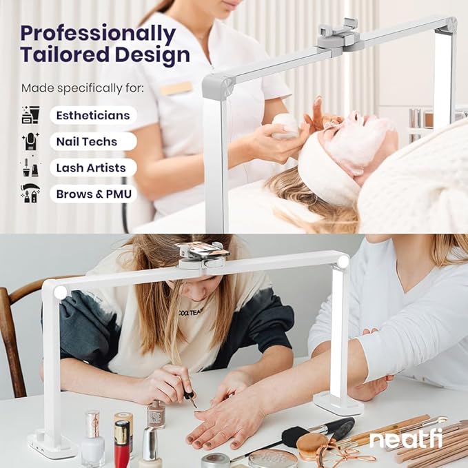 Neatfi LED Nail Tech Light, Desk Lamp for Nail Techs, Estheticians, Manicures, Facials, Threading, 40W, 3500 Lumens, Knob Control, Lampara para Mesa De Manicurista (with Charging Port, White)