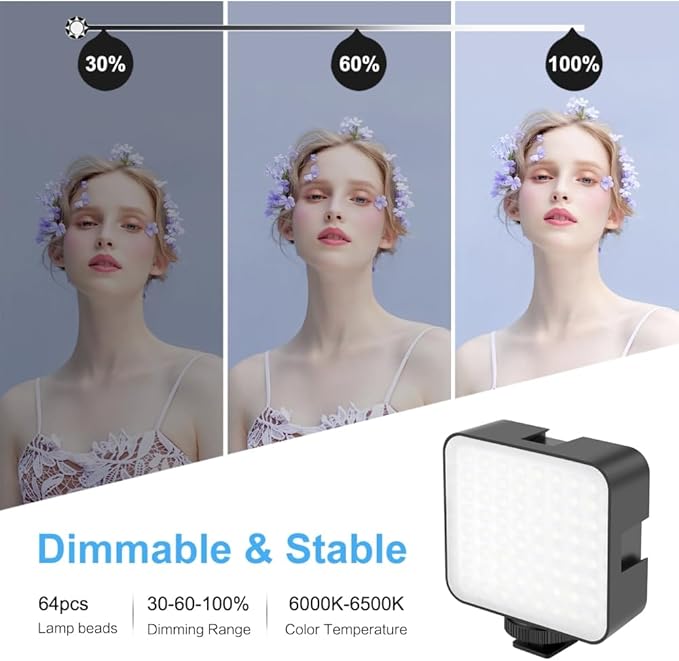 LED Video Light with 3 Cold Shoe, PULUZ on Camera Video Light LED 64 5W Dimmable Video Splicing Fill Light with 1/4" Thread for Canon for Nikon for Sony and Other DSLR Cameras