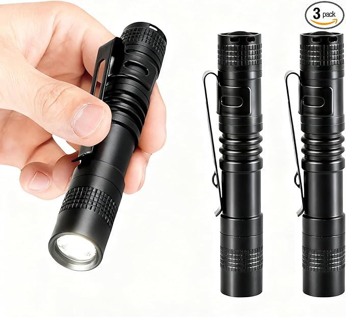 Mini Flashlight, 3 Pack Pocket Flashlight, Small Pen Light Flashlights with Clip, AAA Battery Powered Portable Pen Flashlights Ideal for Emergency Repair Camping and Outdoor Use White Light