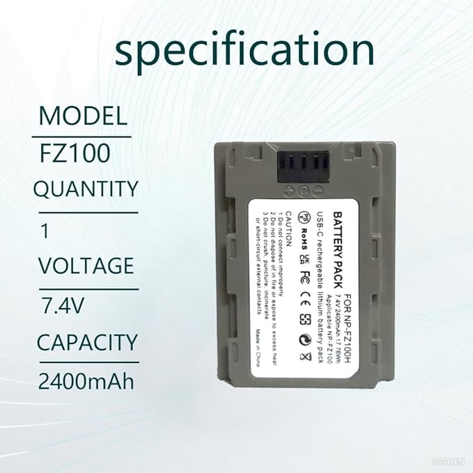 NP-FZ100 2400mAh Replacement Battery for A7R V A7S III A7 IV, USB C Charging Cable, Compatible with ZV-E1, FX3, FX30, A1, A9,A9 II, A6600, A7C