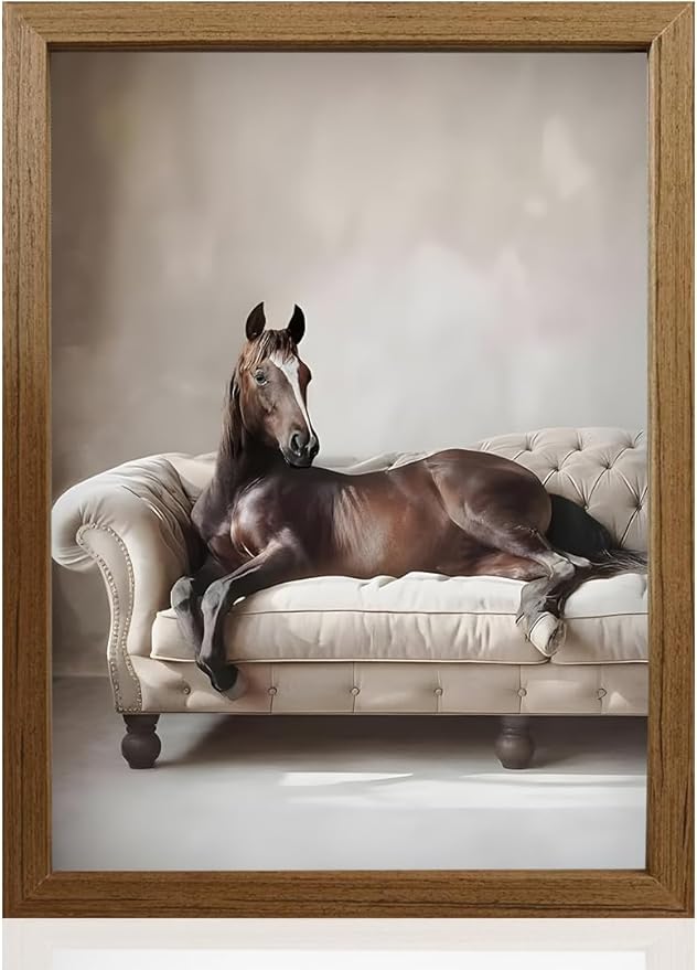 Horse Wall Art Framed Print 8x10in Elegant Brown Horse Picture Modern Farmhouse Animal Decor Wooden Frame Artwork for Living Room Bedroom Office, Desk or Wall Display with Stand & Hook, Waterproof Fade-Resistant