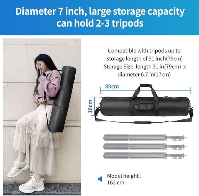 HEMMOTOP Tripod Case, 31.5x7 in Heavy Duty Tripod Bag with Shoulder Strap and Handle, All Sides Thick Padded Carrying Case with Two Zippered Pockets for Speaker Stand, Monopod - R08018 Black