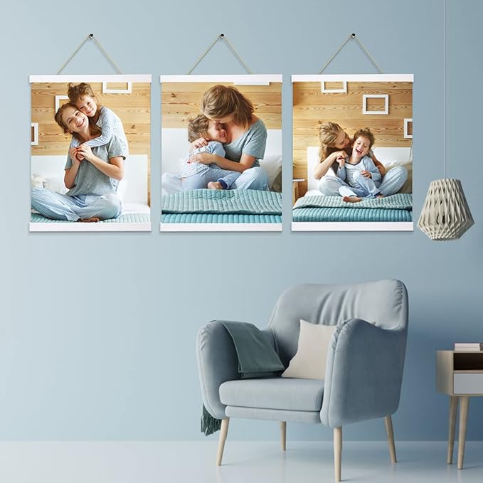 YK artwood 3 Pack Magnetic Poster Hanger Frame White, 8x10 8x12 8x16 Poster Frame Wood Wooden Magnet Print Posters Dowel Scroll Hanger Hangers Hanging Kit for Walls Map Canvas Artwork