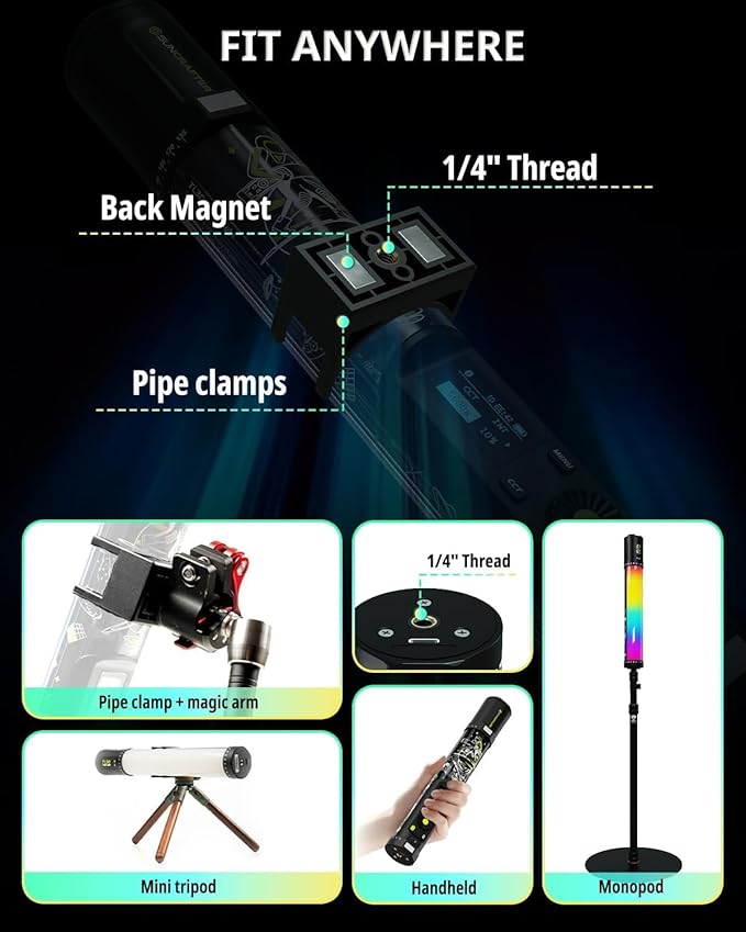 TL30 RGB Light Tube, RGBWW 360° Adjustable Magnetic Video Lighting Wand Stick with Smart APP Control, 2700K-10000K CRI96+ TLCI99+, 21 Scenes, Focus-Adjustable Spotlight, 5000mAh Battery