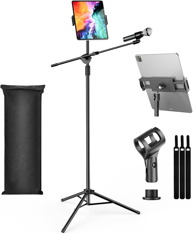 Boom Mic Stand, Microphone Holder Floor with Tablet Phone Support, Heavy Duty Tripod Adjustable Height and Angle 35-65 Inch With Portable Bag for Singing Karaoke Stage