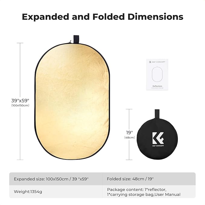 K&F CONCEPT 40" x60”(100x150cm) 5-in-1 Oval Foldable Reflector with Carrying Bag, Gold, Silver, Black, White Reflective Fabric and Translucent Soft Fabric for Studio Lighting