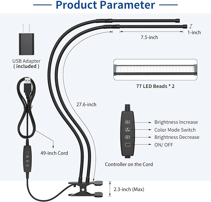 iZELL Desk Lamp, [2 LED Tube] Desk Lamps for Home Office with Clamp, Flexible Gooseneck LED Book Light, Easy Clip on Reading Lights for Bedrooms Beside Table Headboard College Dorm Bed Room - Black