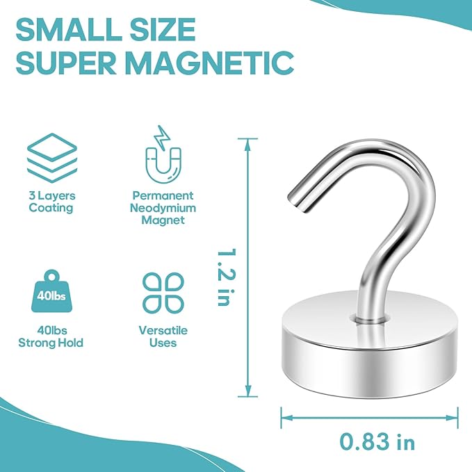 Neosmuk Magnetic Hooks, Cruise Ship Essentials, 40lb+ Heavy Duty Magnetic Hooks for Cruise Cabins, Refrigerator, Grill, Hanging, and Travel | Extra Strong Must-Haves Magnet Hook,Silver, 5 Pack