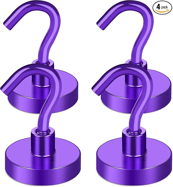 MIKEDE Magnetic Hooks, 50Lbs+ Heavy Duty Magnet Hooks for Cruise Cabins, Super Neodymium Hanging Hooks Strong Magnets with Hook for Fridge, Magnetic Hanger for Grill, Toolbox, Storage(Purple, 4 Pack)