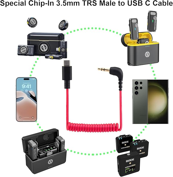 for Rode Wireless GO 2 / ME/Pro USB C to 3.5mm TRS Microphone Adapter Mic Cable, for Hollyland Lark M1 / M2 / MAX / 150 / M1 / MAX Duo DAC Coiled Cable for Android iPhone 15