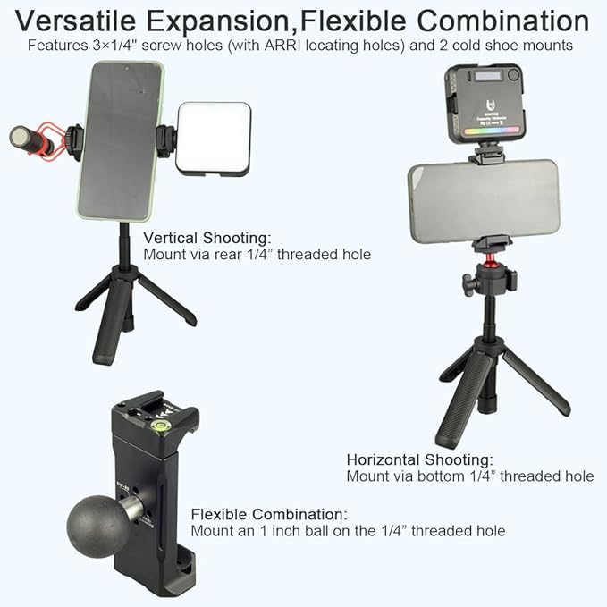 Metal Phone Tripod Adapter Mount with Cold Shoe/Arca-Swiss Quick Release Plate/1/4” Thread Holes, Smart Phone Stand Clamp Holder for Tripod Compatible with iphone 17/16/15/14/13 Pro Max/Samsung