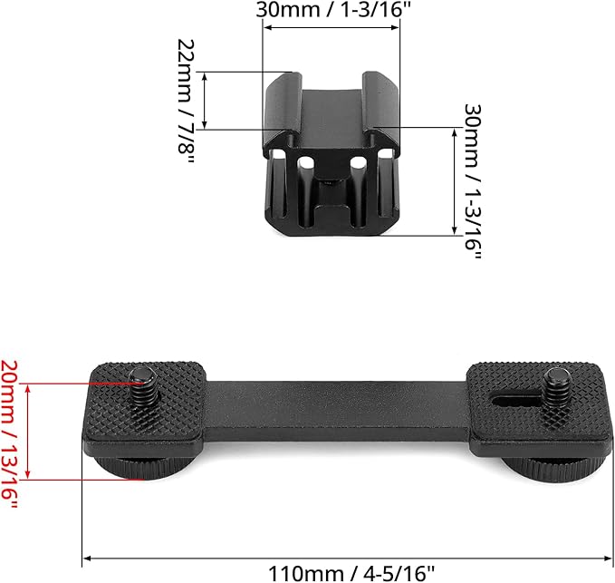 QWORK 3-Triple Cold Shoe Mount Extension Bar Bracket with 1/4 Adapter, Compatible with DJI OSMO Mobile 3/2, OM 4, Zhiyun Smooth 4, Feiyu Vimble 2, for Gimbal Stabilizers with Lock, 2 Pack