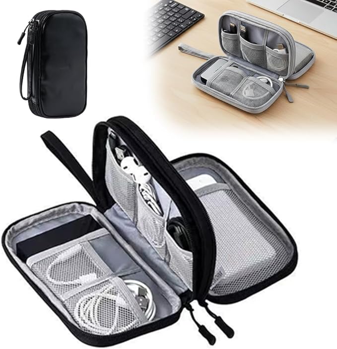 Travel Cable Organizer Pouch, 2026 Updated Cord Organizer Box, Double Layers Electronics Cable Organizer Box, All in One Cable Organizer Bag for Cable, Cord, Charger, Adapter, SD Card (Black)