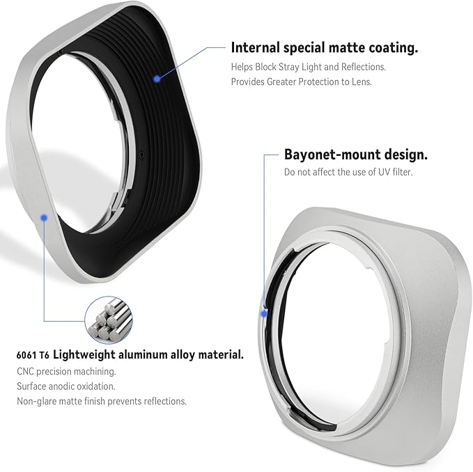 Haoge LH-ZV07 Square Metal Lens Hood for Carl Zeiss Biogon T* 2/35 35mm f2 ZM, C Biogon 2.8/35 35mm f2.8 ZM, Planar T 2/50 50mm f2 ZM; Voigtlander NOKTON Classic 35mm f1.4 VM, 40mm f1.4 VM as LH-6