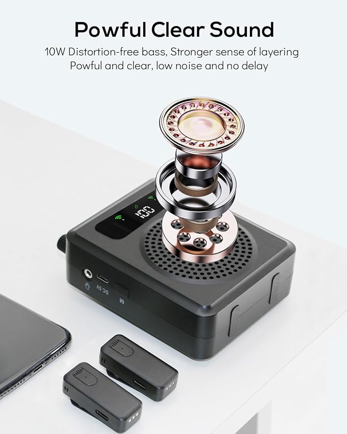 Wireless Voice Amplifier with Lavalier Microphones, Portable Voice Amplifier, Microphone with Speaker, Mini Megaphone with Clip on/Lapel Mic Teacher Microphone for Classroom Speech