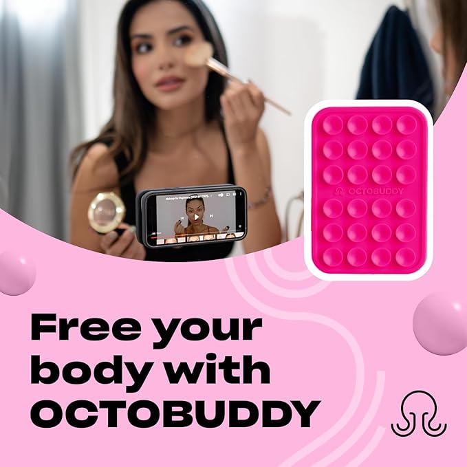 OCTOBUDDY Classic - Silicone Suction Phone Case Adhesive Mount - Hands-Free, Strong Grip Holder for Selfies & Videos - iPhone & Android Compatible - 2.25″ x 3.25″, Hot Pink