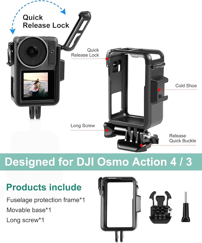 PULUZ Frame Case for DJI Osmo Action 5 Pro / 4/3, DJI Action 3 Camera Accessories, Vertical Protective Case with Movable Base and Short Screw for Video Light Microphone