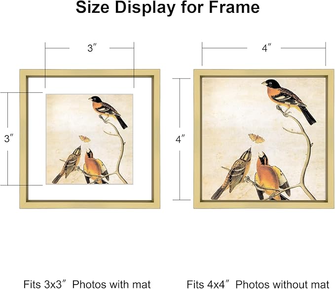 BKABOT 4x4 Picture Frame, Brass Metal Photo Frames with HD Glass, Fits 3x3 with Mat or 4 x 4 without Mat, Display for Wall and Table, 1 Pack