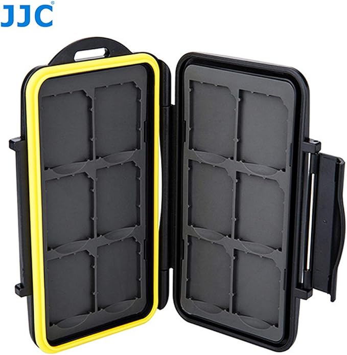 JJC MC-SD12 Ruggard SD Card Case, Shockproof SD Card Case, Water-Resistant SD Card Case, Rubber Sealed Ergonomic Locking Easy Carrying Memory Card Case Fits 12 SD Cards