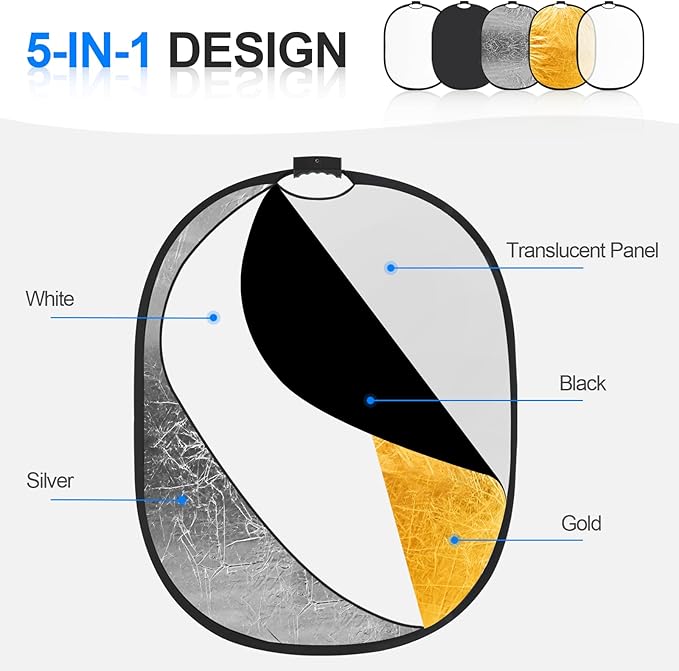 WELLMAKING 24'' x 36'' (60 x 90cm) Photography Reflector 5-in-1 Collapsible Light Reflector with Bag & tilt Adapter, Portable Light Reflector Photography Panel for Studio Video & Outdoor Lighting