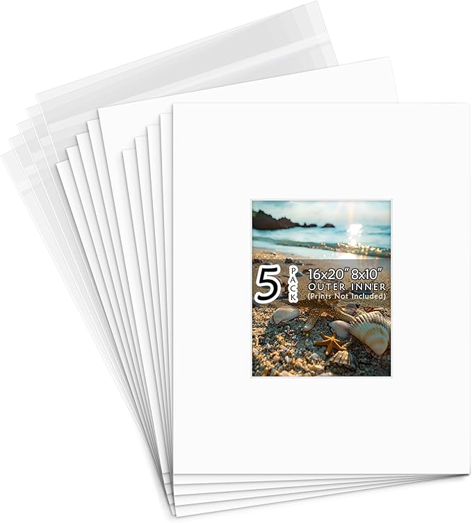 Golden State Art, Acid Free, Pack of 5, 16x20 White Picture Mats Mattes with White Core Bevel Cut for 8x10 Photo + Backing + Bags