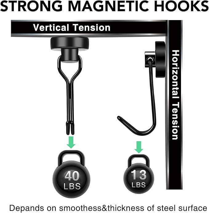 MIKEDE Magnetic Hooks, 40Lbs Heavy Duty Neodymium Magnet Hooks Black Magnets with Swivel Hooks for Hanging, Rust Proof Strong Magnets Hook, Magnetic Metal Hanger for Fridge, Storage, 6 Pack