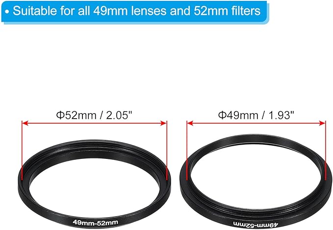 PATIKIL 49mm-52mm Metal Step Up Ring with Cleaning Cloth, 2 Pack Camera Lens Filter Adapter Ring Aluminum Filter Adapter Ring for Camera Lenses Hood, Black