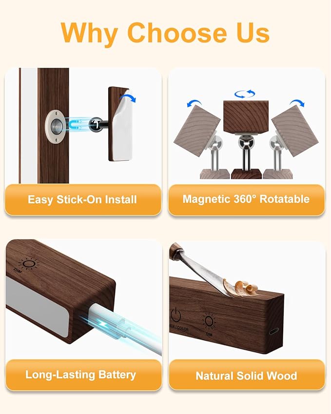 Rechargeable Wood Wall Sconce (2 Pack) with Remote & Touch, 5200mAh Battery Operated Wall Lights with 3 Color Temperatures & RGB. Magnetic, Stick-On, Dimmable Wall Reading Lamp for Bedroom, Picture