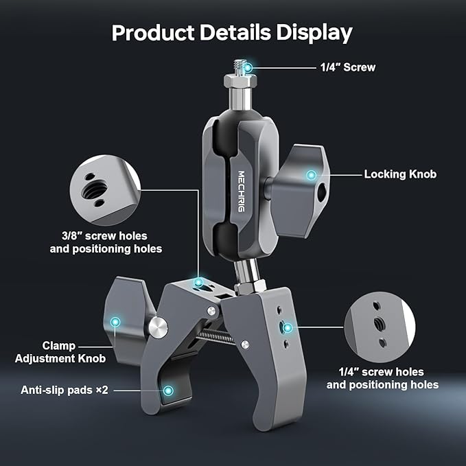 Super Clamp Camera Mount, Aluminum Double Ball Head Magic Arm for Insta360 X5 GoPro DJI OSMO 360 DSLR Monitor, 360° Handlebar Pole Desk Mount, 13lb Load QX010
