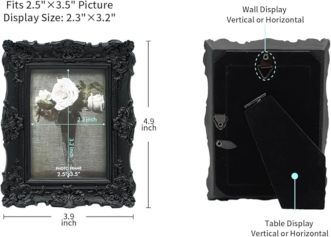 CISOO 2.5x3.5 Vintage Small Picture Frame, Antique Ornate Black Wallet Size Photo Frame for Table Top and Wall Display, Decorative Floral Design Retro Home Decor, Photo Gallery Art