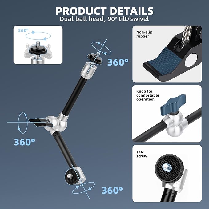 BRDRC Magic Arm Clamp Mount, 9.8" Articulating Extension Arm with 1/4" and 3/8" Thread, with Cold Hot Shoe Adapter, Phone Holder for Tripod DSLR Camera Cage LCD Monitor LED Light Accessories