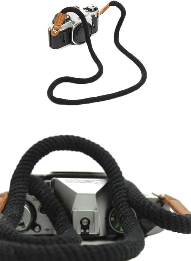 MINI GAGA Vintage Handmade Cotton Leather Rope Camera Neck Strap for Micro Single and DSLR Camera Long Black