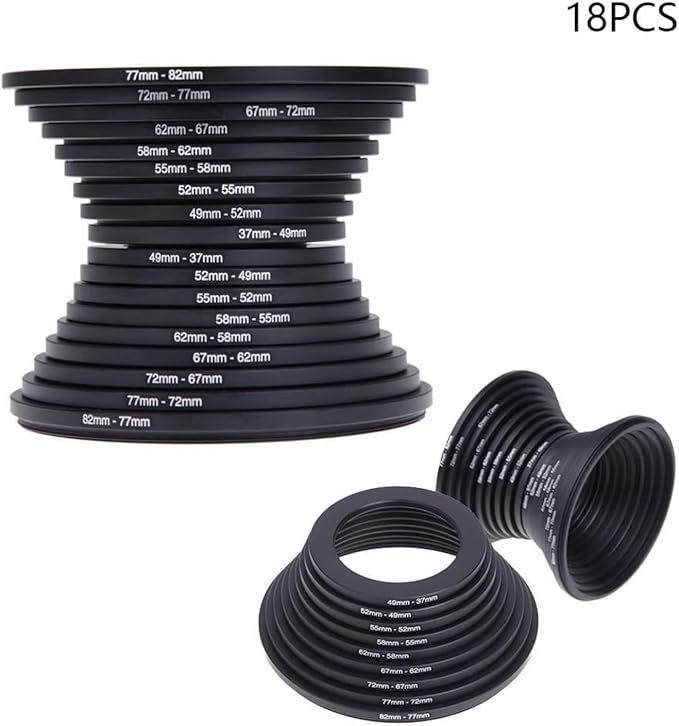 Step Up Rings 18Pcs Metal Filter Ring Adapter Set - 9pcs Step Up + 9pcs Step Down Rings (37-82mm), Compatible with Digital SLR Cameras