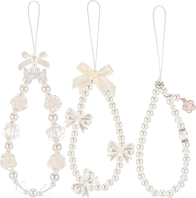 Ecally 3 Pcs Phone Charms Strap Camera Charm Strap Pearl Beaded Butterfly Bow Flower Cute Phone Wrist Lanyard Bracelet for Camera Keychain Wallet Decor Easter Gifts